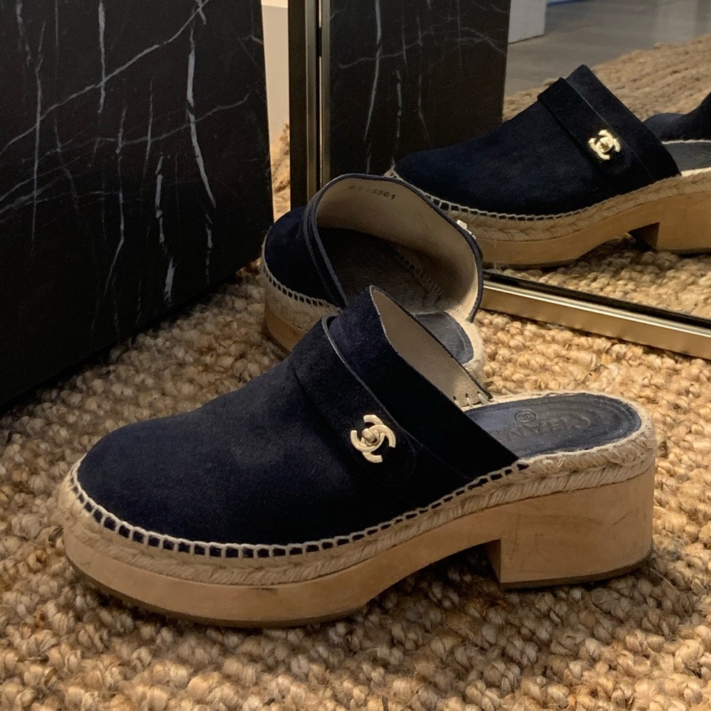navy suede chanel platform clogs 40
